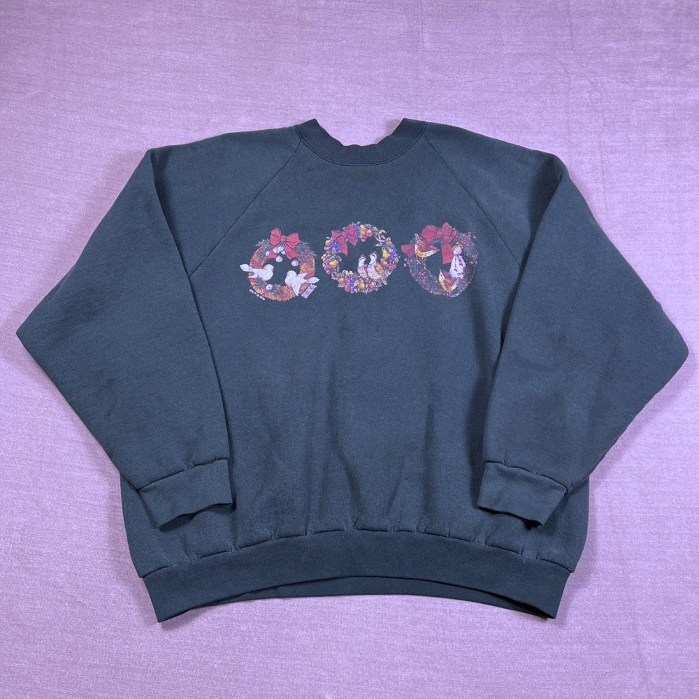 Vintage Fruit of the Loom Christmas Wreath Sweatshirt Womens XXL Green Raglan